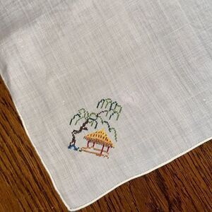 Vintage linen/muslin handkerchief or napkin with‎ embroidered pagoda & tree